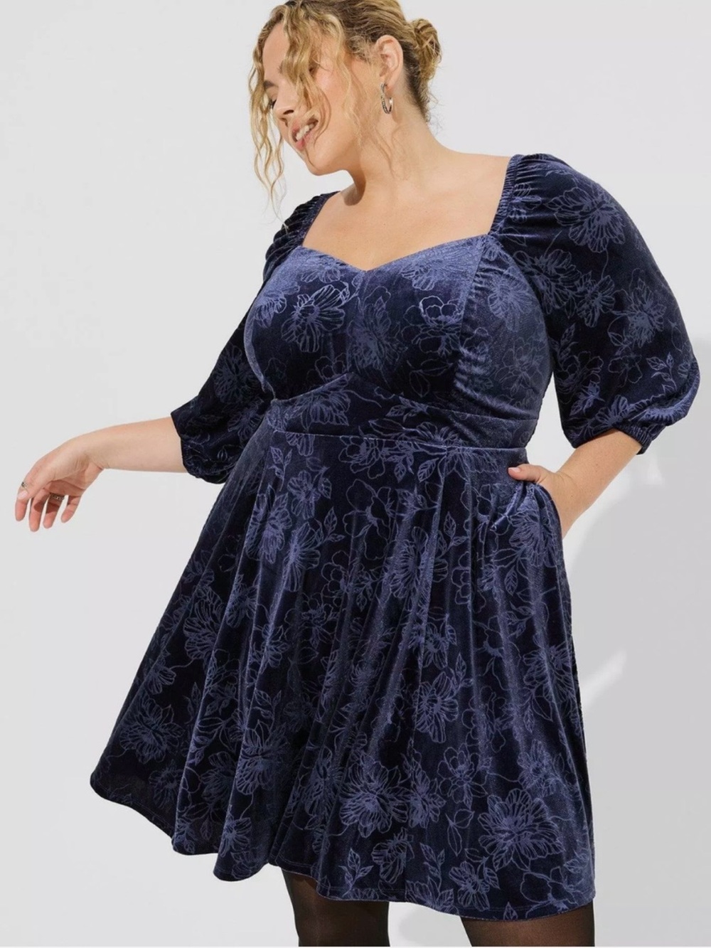 Torrid Velvet Floral Fit & Flare Dress in Deep Navy